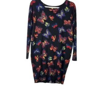 Mesh + Lace Womens Tunic Sweater Black Multicolor Butterfly Print Beaded M